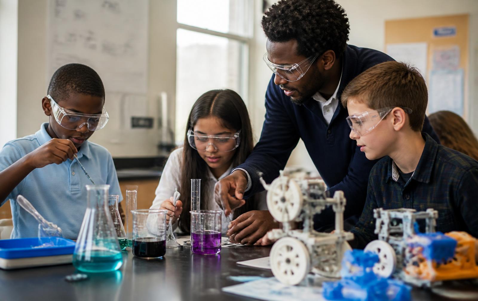 Students running a hands-on science and engineering lab experiment