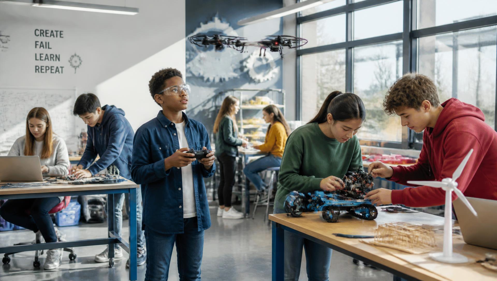 Children building robots, flying drones, coding and doing science experiments at SILAcademy